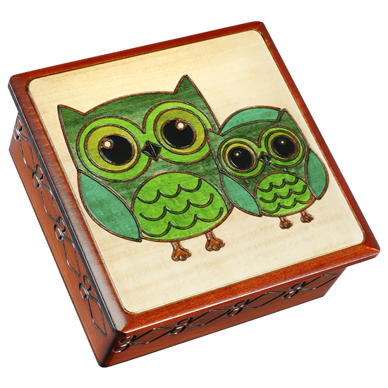Green Owls, Getting Ready for Bed - Polish Wooden Box