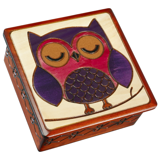 Sleepy Owl on a Branch - Polish Wooden Box