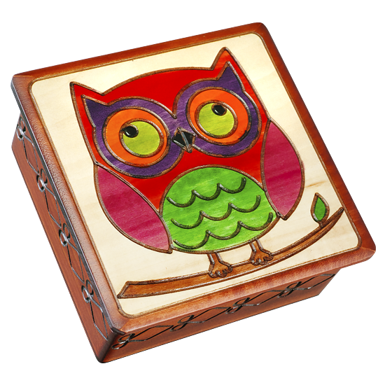 Colorful Owl on a Branch with Leaf - Polish Wooden Box